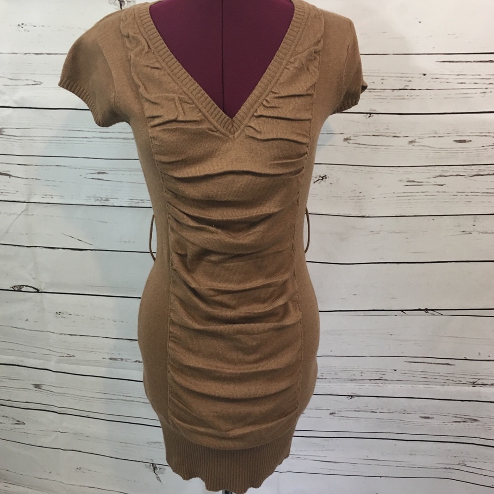 Ruched Tan Sweater Dress